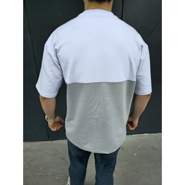 Unisex Torba Cep Detaylı Parçalı T-Shirt - Gri