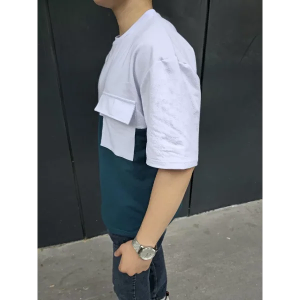 Unisex Torba Cep Detaylı Parçalı T-Shirt - Lacivert