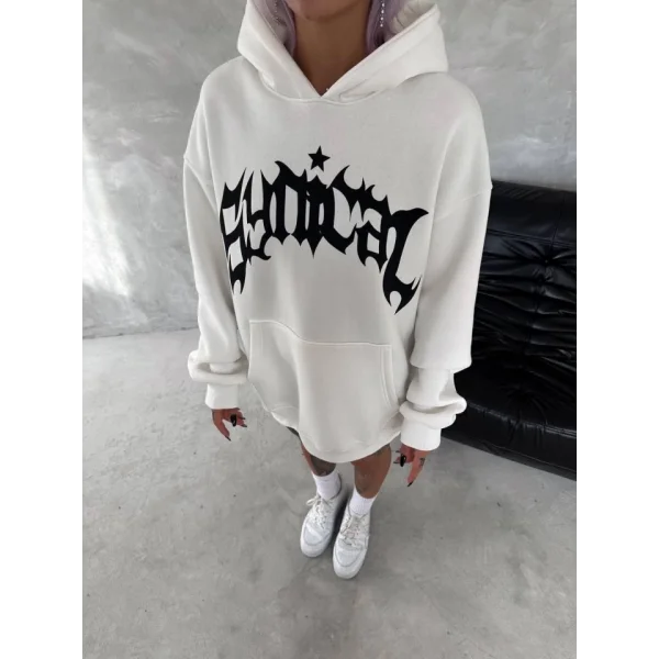 Unisex Üç İplik Kapşonlu Baskılı weathirt  Beyaz