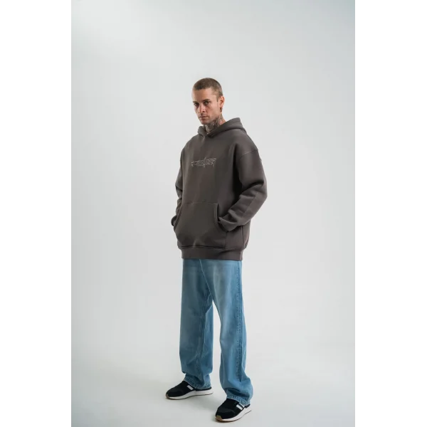 Unisex Üç İplik Kapşonlu Nakışlı SweatShirt - Füme