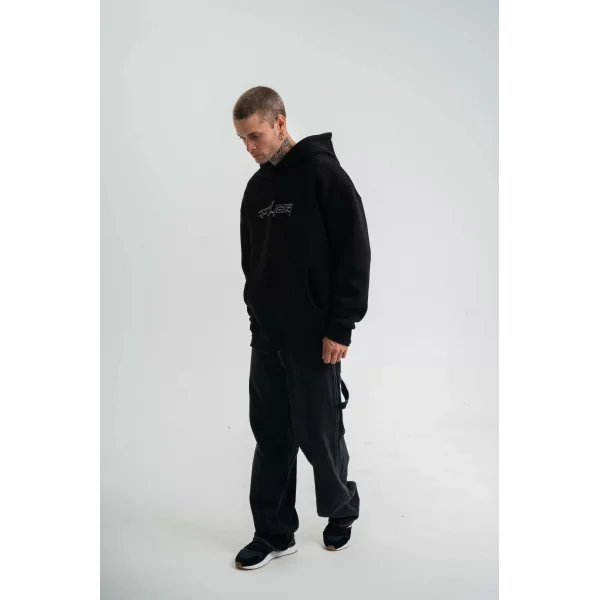 Unisex Üç İplik Kapşonlu Nakışlı SweatShirt - Siyah