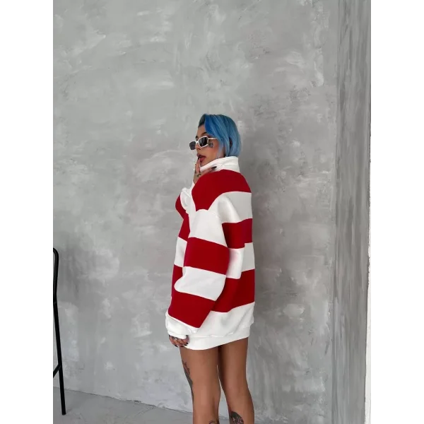 Unisex Üç İplik Parçalı Yakalı SweatShirt - Kırmızı