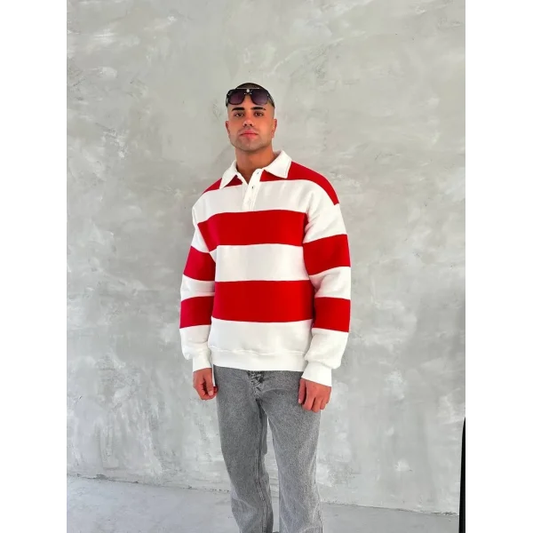 Unisex Üç İplik Parçalı Yakalı SweatShirt - Kırmızı