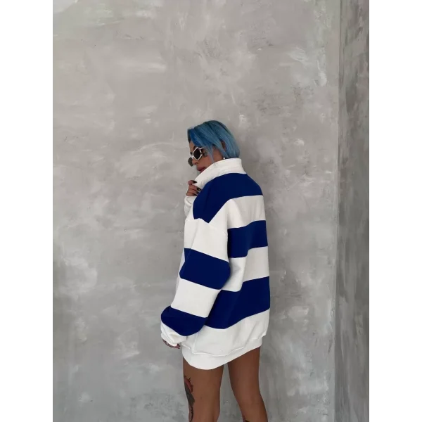 Unisex Üç İplik Parçalı Yakalı SweatShirt - Mavi