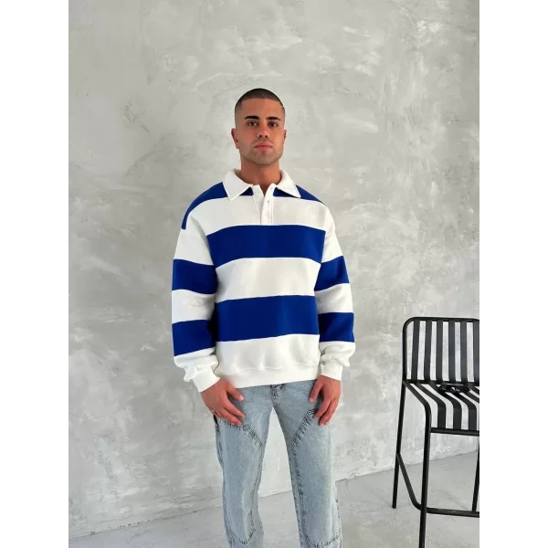 Unisex Üç İplik Parçalı Yakalı SweatShirt - Mavi