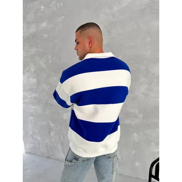 Unisex Üç İplik Parçalı Yakalı SweatShirt - Mavi