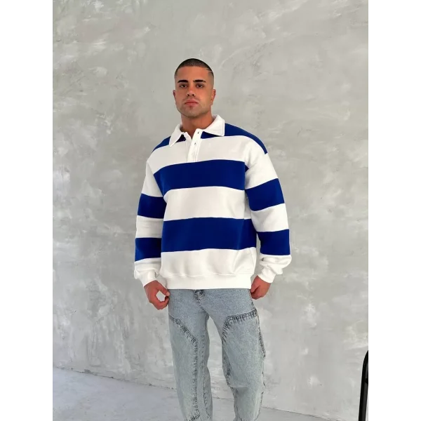 Unisex Üç İplik Parçalı Yakalı SweatShirt - Mavi