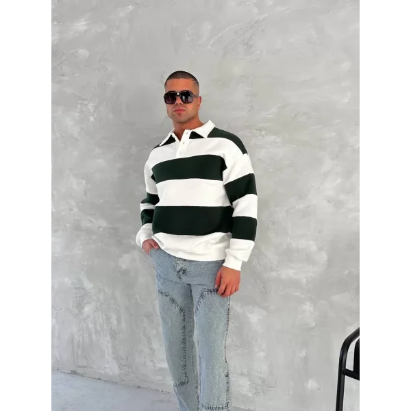 Unisex Üç İplik Parçalı Yakalı SweatShirt - Yeşil