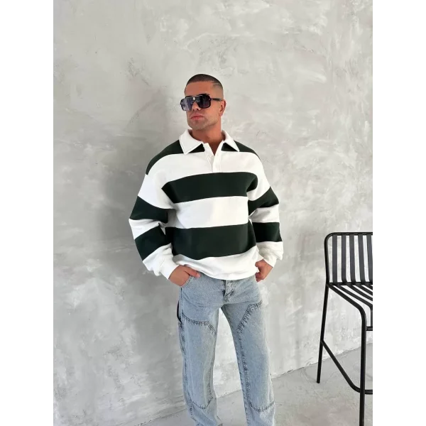 Unisex Üç İplik Parçalı Yakalı SweatShirt - Yeşil