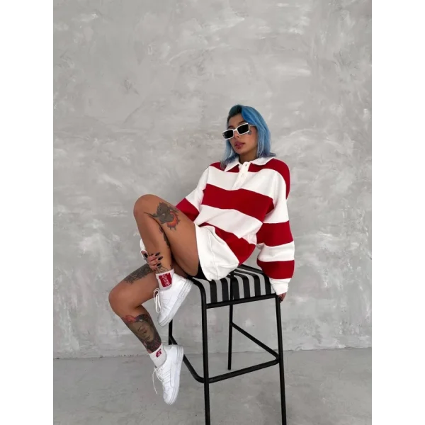 Unisex Üç İplik Parçalı Yakalı weathirt  Kırmızı