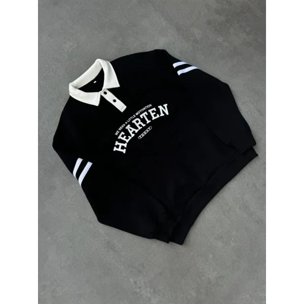 Unisex Üç İplik Yakalı SweatShirt - Siyah