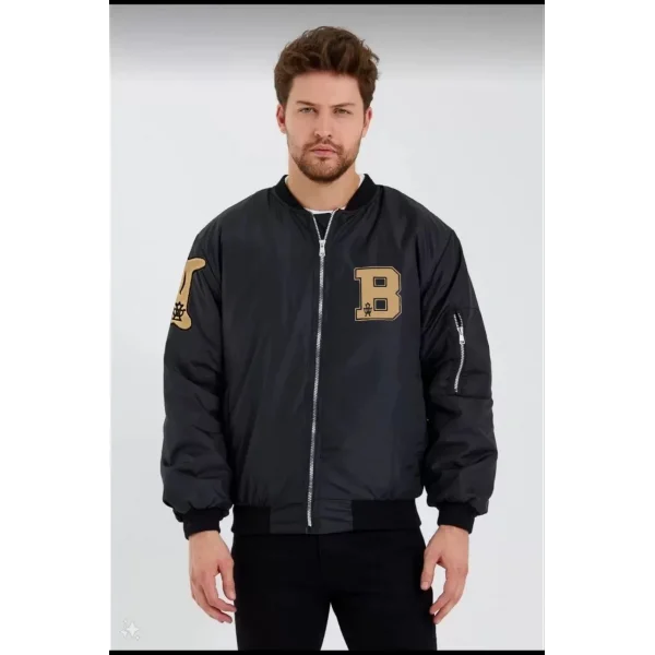 Erkek Siyah Bomber Kolej Mont – B Harfi ve Kemik Baskılı, Su İtici Kumaş, Kapitone Astarlı Fermuarlı Ceket - Siyah