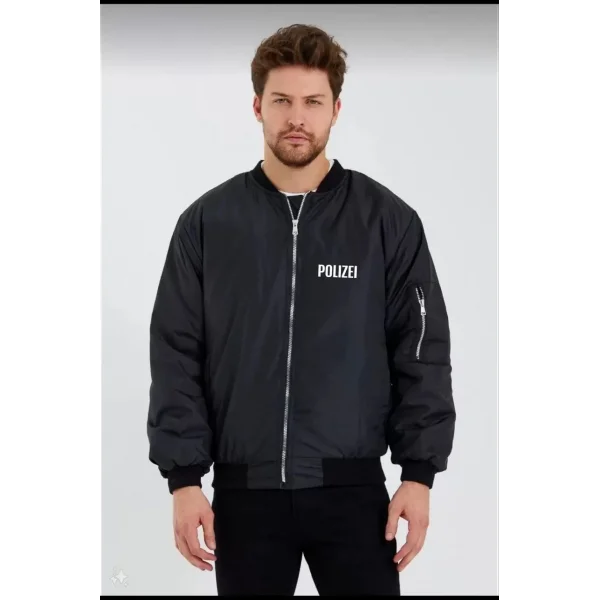 Erkek Siyah Bomber Mont – POLIZEI Yazılı, Fermuarlı Cepli, Kapitone Astarlı, Su İtici Kumaş Şık Günlük Ceket- Siyah