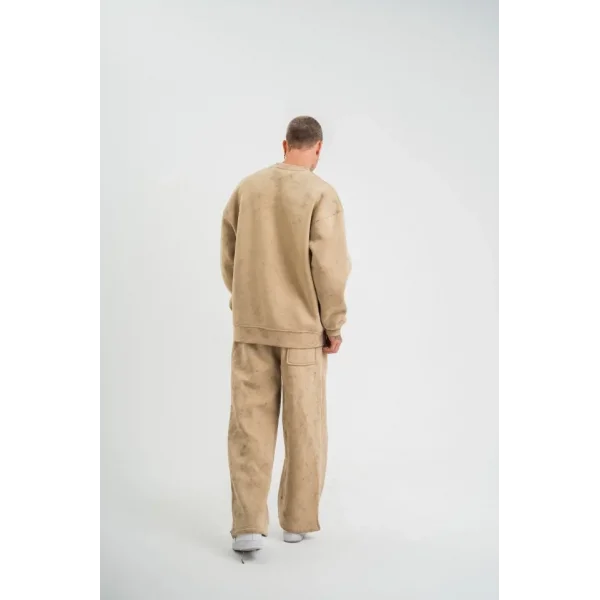 Unisex Uzun Kol Bisiklet Yaka Yıkamalı Eşofman Takım - Bej