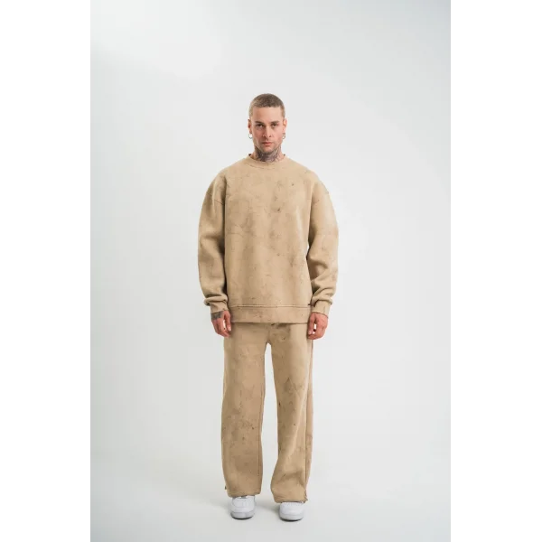 Unisex Uzun Kol Bisiklet Yaka Yıkamalı Eşofman Takım - Bej