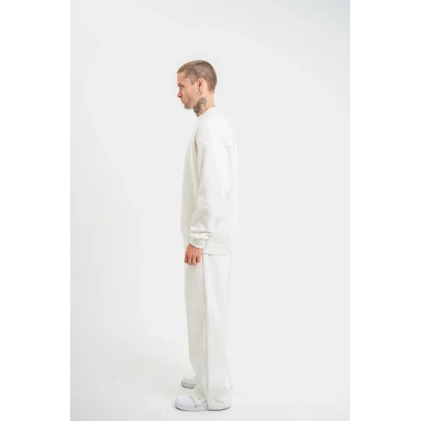 Unisex Uzun Kol Bisiklet Yaka Yıkamalı Eşofman Takım - Beyaz