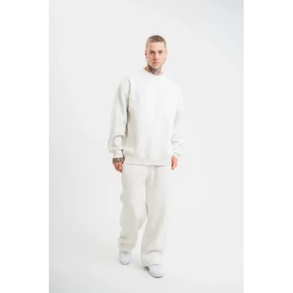 Unisex Uzun Kol Bisiklet Yaka Yıkamalı Eşofman Takım - Beyaz