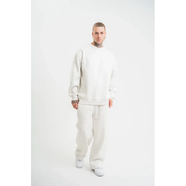 Unisex Uzun Kol Bisiklet Yaka Yıkamalı Eşofman Takım - Beyaz