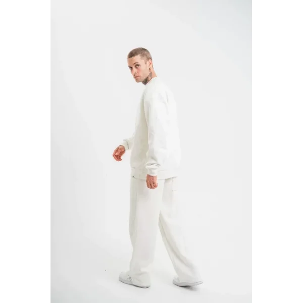 Unisex Uzun Kol Bisiklet Yaka Yıkamalı Eşofman Takım - Beyaz