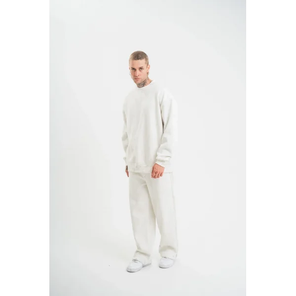 Unisex Uzun Kol Bisiklet Yaka Yıkamalı Eşofman Takım - Beyaz