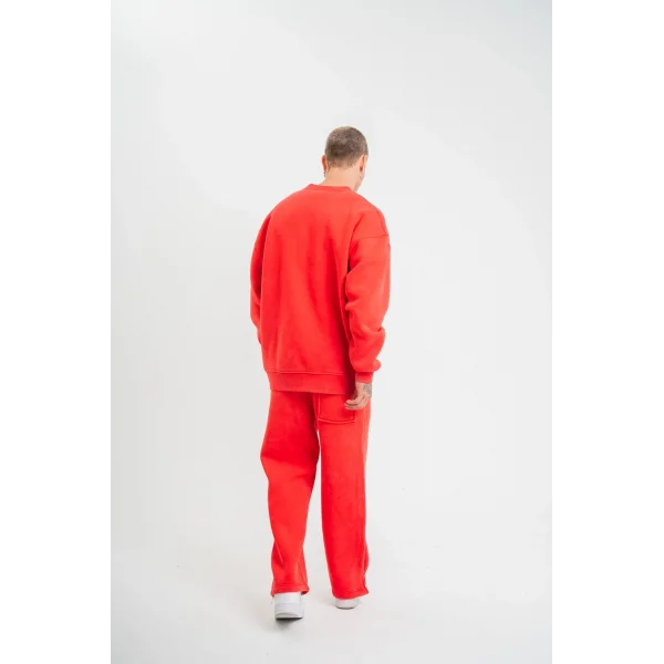 Unisex Uzun Kol Bisiklet Yaka Yıkamalı Eşofman Takım - Kırmızı