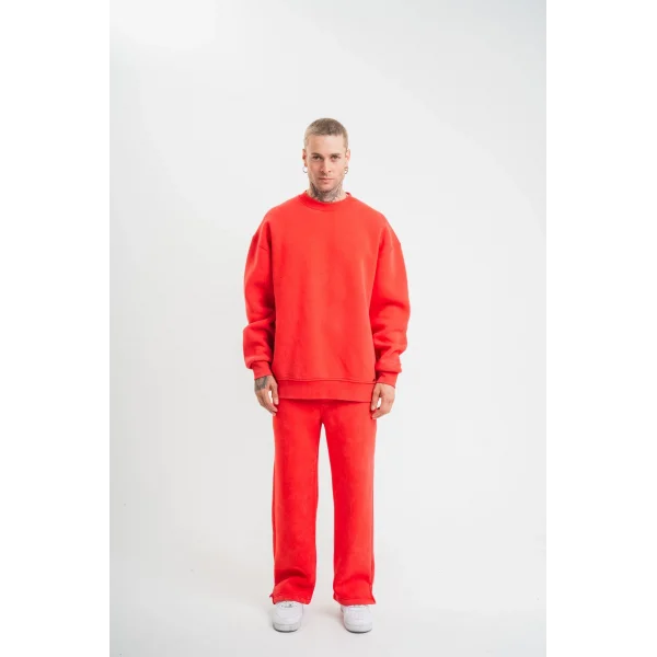 Unisex Uzun Kol Bisiklet Yaka Yıkamalı Eşofman Takım - Kırmızı