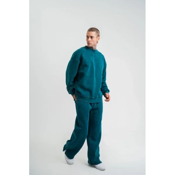 Unisex Uzun Kol Bisiklet Yaka Yıkamalı Eşofman Takım - Koyu Deniz Yeşili