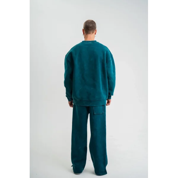 Unisex Uzun Kol Bisiklet Yaka Yıkamalı Eşofman Takım - Koyu Deniz Yeşili