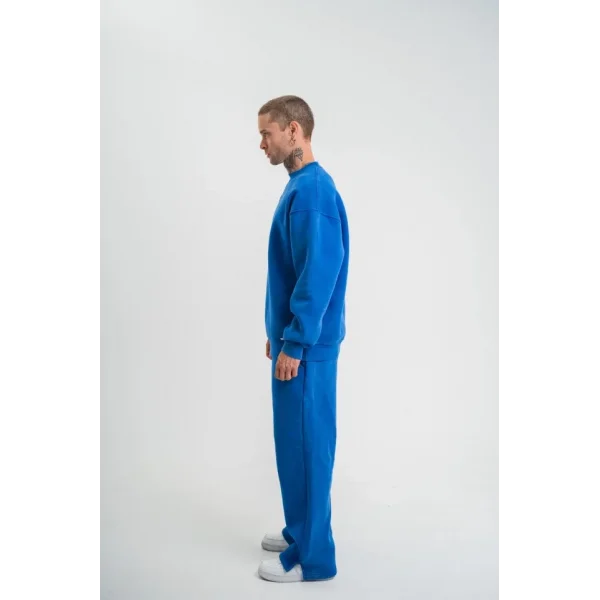Unisex Uzun Kol Bisiklet Yaka Yıkamalı Eşofman Takım - Mavi