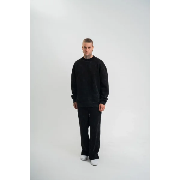 Unisex Uzun Kol Bisiklet Yaka Yıkamalı Eşofman Takım - Siyah