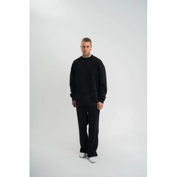 Unisex Uzun Kol Bisiklet Yaka Yıkamalı Eşofman Takım - Siyah