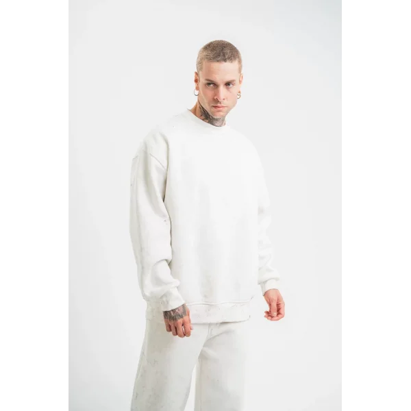 Unisex Uzun Kol Bisiklet Yaka Yıkamalı SweatShirt - Beyaz