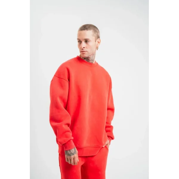 Unisex Uzun Kol Bisiklet Yaka Yıkamalı SweatShirt - Kırmızı