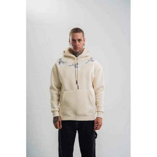 Unisex Uzun Kol Bisiklet Yaka Yıkamalı SweatShirt - Krem