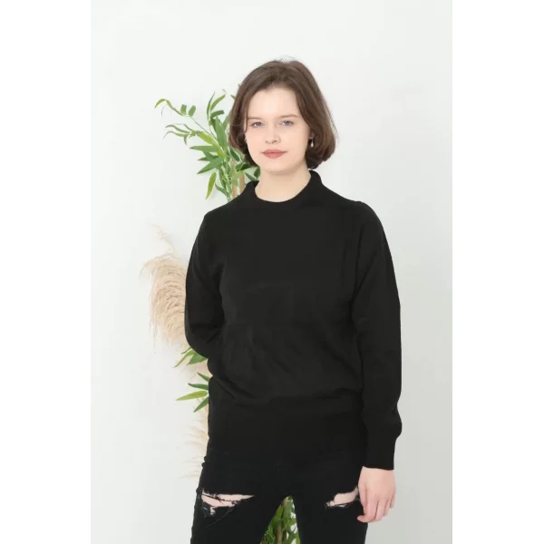 Unisex Uzun Kol Biskilet Yaka Dokuma Triko - Siyah