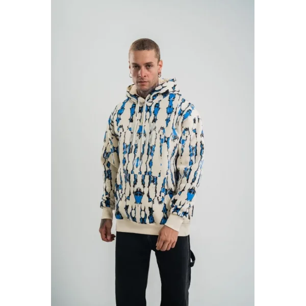 Unisex Uzun Kol Kapşonlu Pano Baskılı SweatShirt - Krem