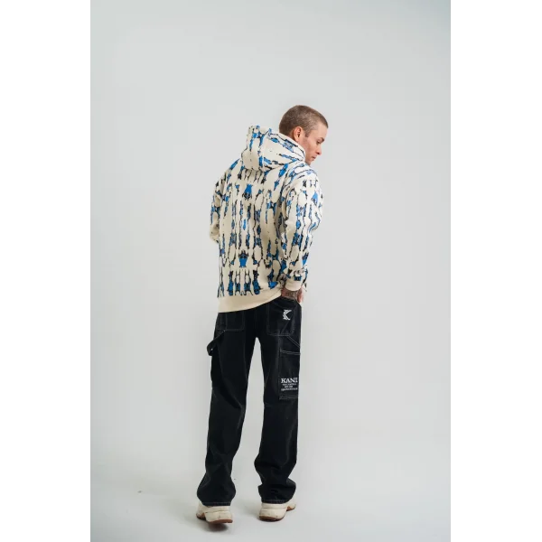 Unisex Uzun Kol Kapşonlu Pano Baskılı SweatShirt - Krem