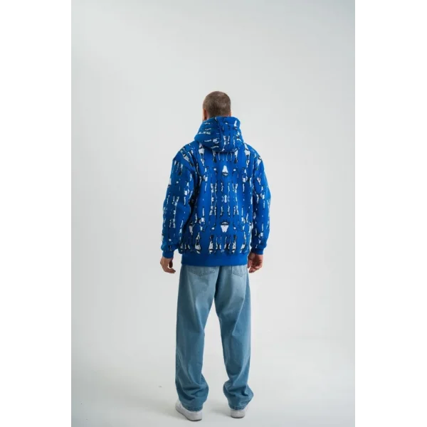 Unisex Uzun Kol Kapşonlu Pano Baskılı SweatShirt - Mavi