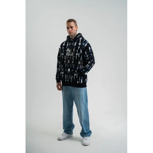 Unisex Uzun Kol Kapşonlu Pano Baskılı SweatShirt - Siyah