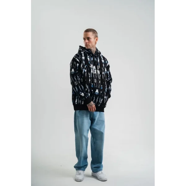 Unisex Uzun Kol Kapşonlu Pano Baskılı SweatShirt - Siyah