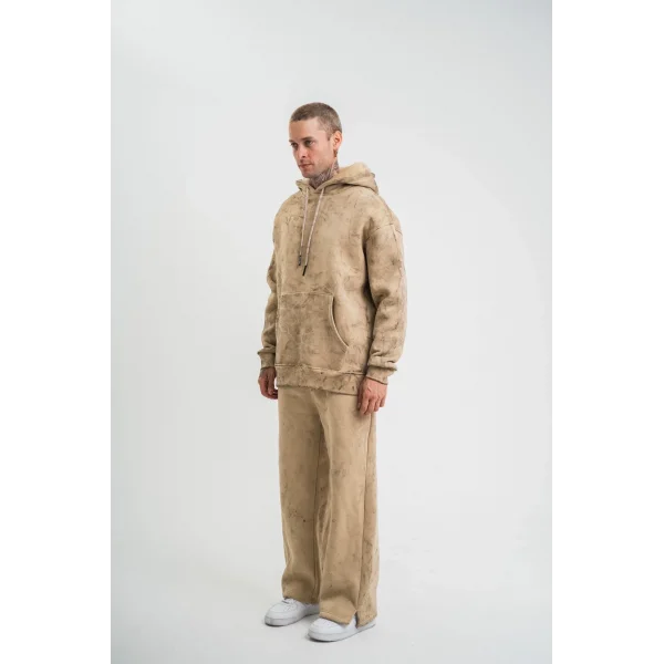 Unisex Uzun Kol Kapşonlu Yıkamalı Eşofman Takım - Bej