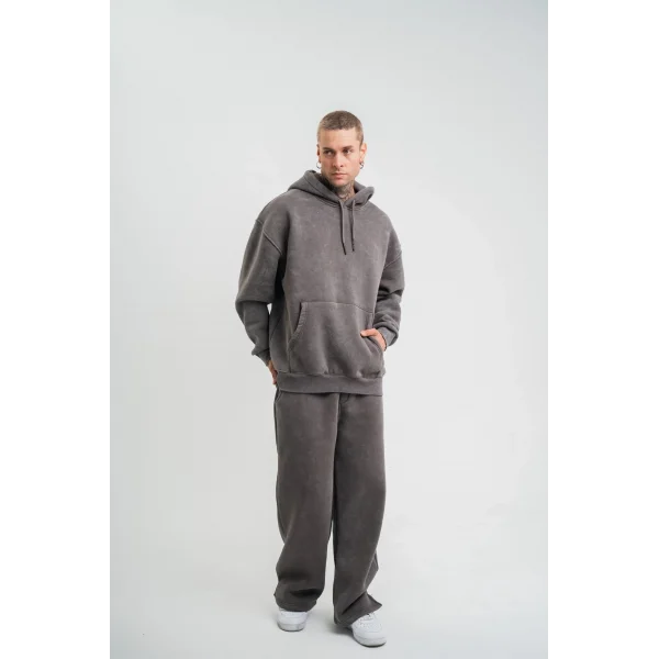 Unisex Uzun Kol Kapşonlu Yıkamalı Eşofman Takım - Füme