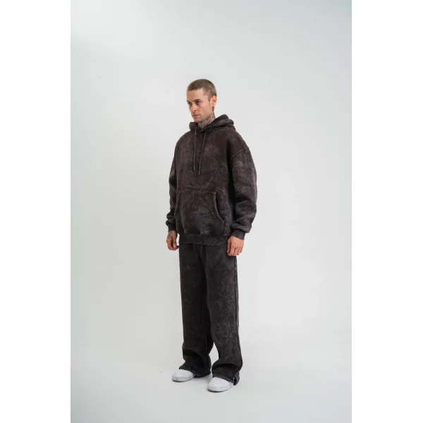 Unisex Uzun Kol Kapşonlu Yıkamalı Eşofman Takım - Kahve