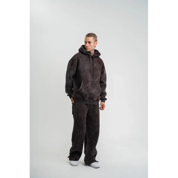 Unisex Uzun Kol Kapşonlu Yıkamalı Eşofman Takım - Kahve