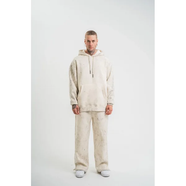 Unisex Uzun Kol Kapşonlu Yıkamalı Eşofman Takım - Krem