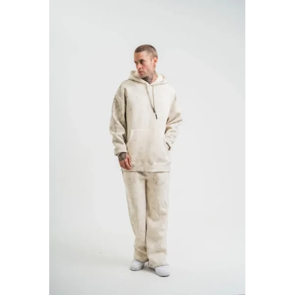 Unisex Uzun Kol Kapşonlu Yıkamalı Eşofman Takım - Krem