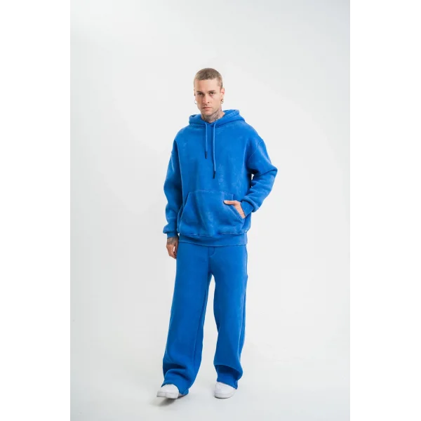 Unisex Uzun Kol Kapşonlu Yıkamalı Eşofman Takım - Mavi