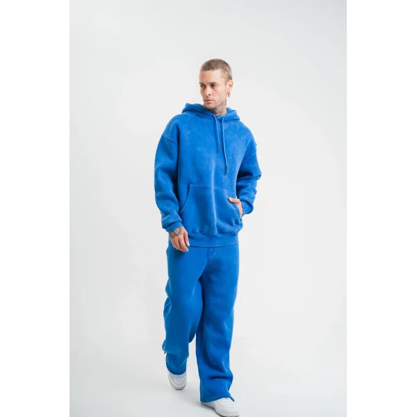 Unisex Uzun Kol Kapşonlu Yıkamalı Eşofman Takım - Mavi