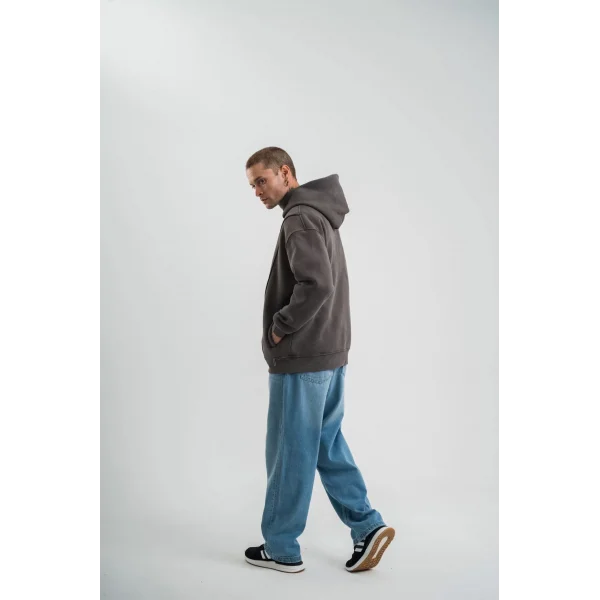 Unisex Uzun Kol Kapşonlu Yıkamalı Nakışlı SweatShirt - Füme