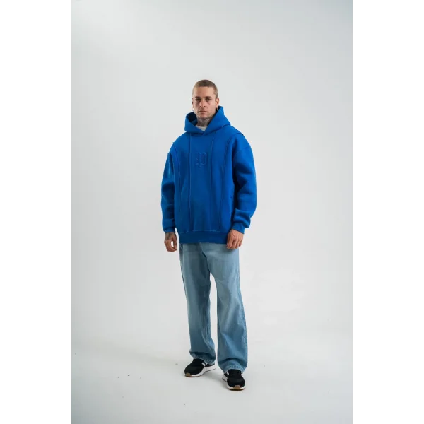 Unisex Uzun Kol Kapşonlu Yıkamalı Nakışlı SweatShirt - Mavi